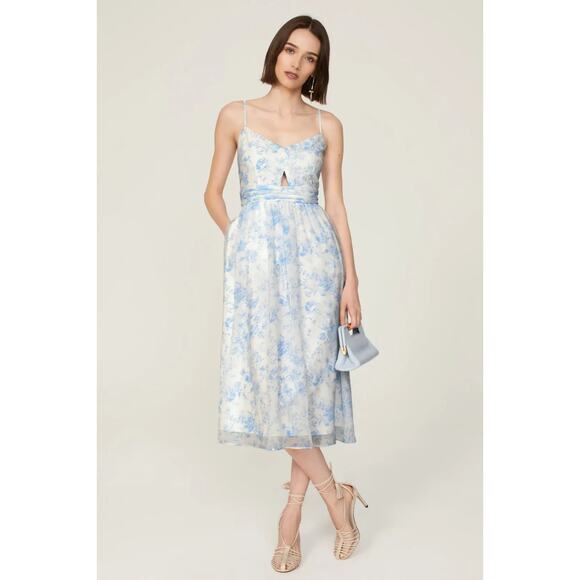 LDT Dresses & Skirts - LDT Blue Floral Chiffon Midi Dress Keyhole Cutout Floral Hourglass, Size 4
